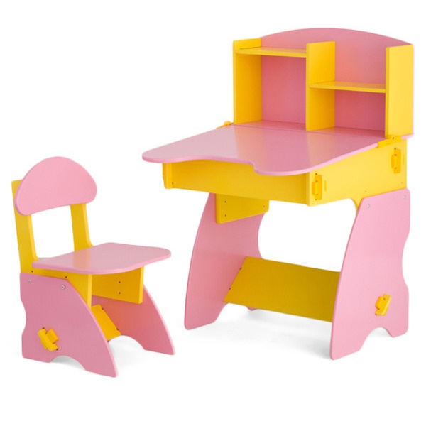 Комплект детский столик с полками и стульчик БЕЛ - 02 - желто-розовый