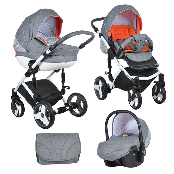 Детская универсальная коляска Tutis Mimi Plus 3 в 1 - серый лен/оранжевый орнамент