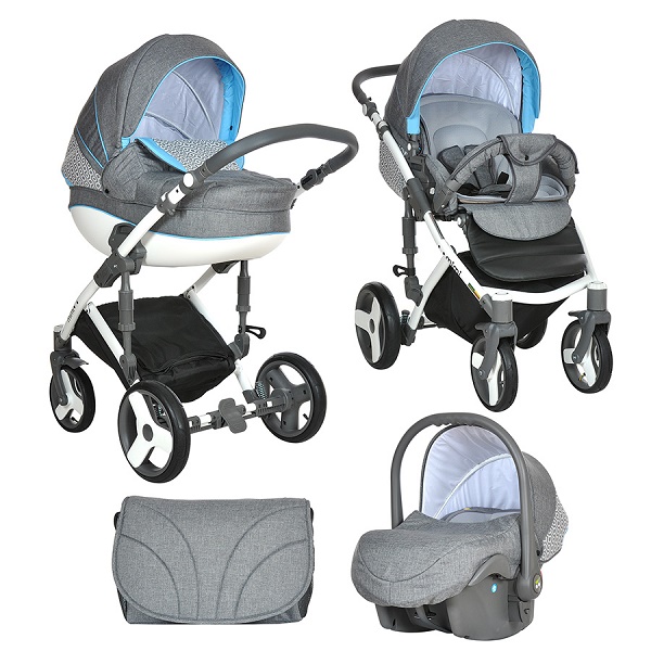 Детская универсальная коляска Tutis Mimi Plus 3 в 1 - серый лен/голубой орнамент