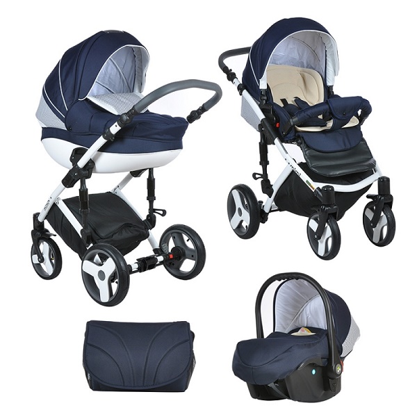 Детская универсальная коляска Tutis Mimi Plus 3 в 1 - темно синий/белый крап