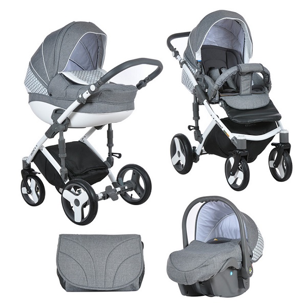 Детская универсальная коляска Tutis Mimi Plus 3 в 1 - серый лен/белый ромб